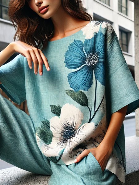Casual Floral Printing Loosen Crew Neck Raglan Sleeve Blouse, Blouses and Shirts, color:As Picture|size:XXL, Stylewe