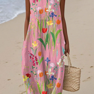 Women Floral Sleeveless Summer Printing Dress Crew Neck Daily Casual Maxi Tank H-Line Dress, JustFashionNow Casual Dresses, color:Pink|size:4XL,