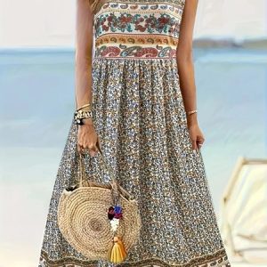 Women Floral Sleeveless Summer Dress Crew Neck Daily Casual Maxi A-Line Dress, JustFashionNow Dresses, color:White|size:4XL,