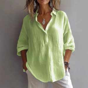 Women Plain Long Sleeve Shirt Spring/Fall Shirt Collar Daily Casual Top, JustFashionNow Blouses, color:Green|size:4XL,