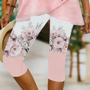 Women Floral Capris Elastic Waist Pant Casual Summer Trousers, JustFashionNow Pants, color:Pink|size:XXL,