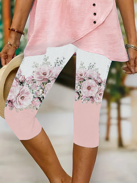 Women Floral Capris Elastic Waist Pant Casual Summer Trousers, JustFashionNow Pants, color:Pink|size:XXL,