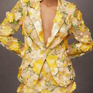 Elegant Exquisite Embroidered Floral Lapel Blazer, Blazers, color:Yellow|size:XXL, Stylewe