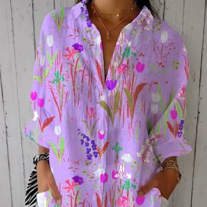 Women Floral Three Quarter Sleeve Shirt Spring/Fall Shirt Collar Holiday Casual Top, JustFashionNow Blouses, color:Purple|size:5XL,
