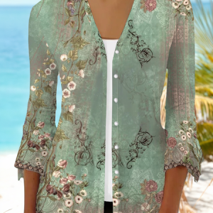 Women Floral Spring/Fall Cover-up Casual Printing Lightweight Cardigan, JustFashionNow Cardigans, color:Green|size:XXL,