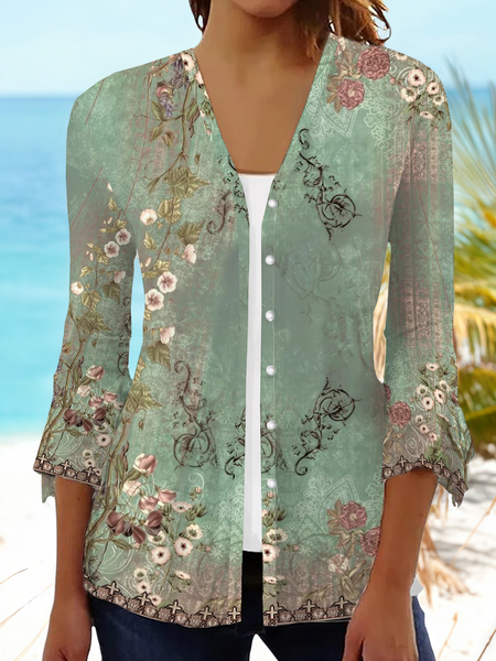Women Floral Spring/Fall Cover-up Casual Printing Lightweight Cardigan, JustFashionNow Cardigans, color:Green|size:XXL,