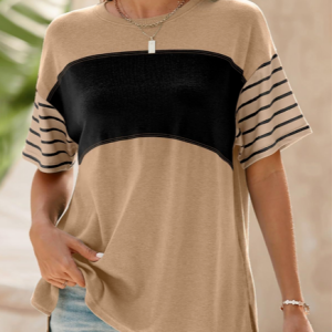 Women Striped Short Sleeve Tee T-shirt Crew Neck Casual Summer Top, JustFashionNow T-Shirts, color:Khaki|size:XXL,