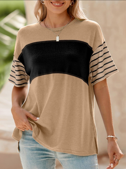 Women Striped Short Sleeve Tee T-shirt Crew Neck Casual Summer Top, JustFashionNow T-Shirts, color:Khaki|size:XXL,