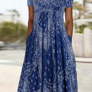 Women Floral Short Sleeve Summer Printing Dress Crew Neck Daily Casual Maxi Shift Dress H-Line Dress, JustFashionNow Casual Dresses, color:Purplish Blue|size:4XL,