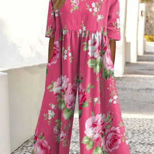 Women Floral Crew Neck Short Sleeve Casual Summer Jumpsuit, JustFashionNow Jumpsuits＆Rompers, color:Deep Pink|size:3XL,