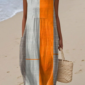 Women Striped Summer Dress Crew Neck Sleeveless A-Line Dress, Dresses, color:As Picture|size:4XL, catalog Noracora shop