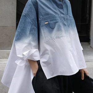 Casual Ombre Printing Shirt Collar  Shirt, Blouses and Shirts, color:Blue-White|size:XXL, Stylewe