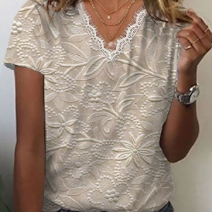 Women Floral Short Sleeve Tee T-shirt V Neck Printing Casual Summer Graphic Tee Top, JustFashionNow T-Shirts, color:Apricot|size:4XL