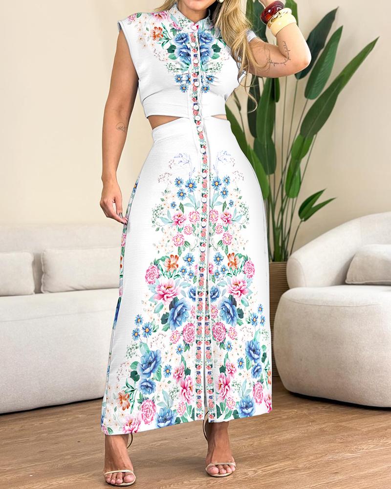 Floral Print Stand Collar Sleeveless Button Down Casual Dress Cutout Elastic Back Waist Maxi Dress, women Maxi Dresses, ChicMe catalog