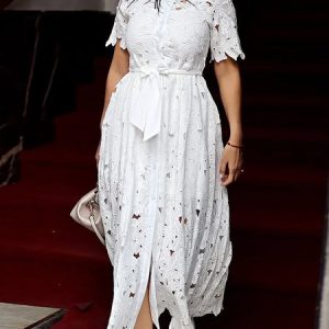 Elegant Floral Lace Midi Dress With Belt, Midi Dresses, color:White|size:XXL, Stylewe
