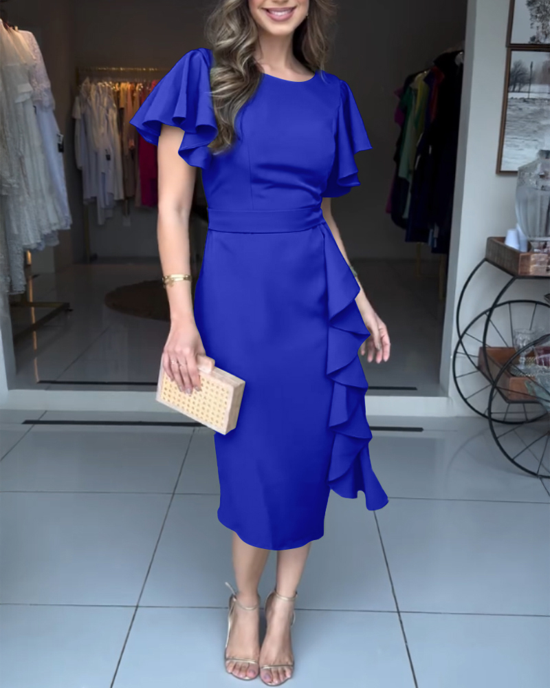 Butterfly Sleeve ruffles Slim Fit Side Slit Mid Long Dress, women Work Dresses, ChicMe catalog