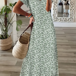 Women Floral Short Sleeve Summer Printing Dress V Neck Daily Casual Maxi T-Shirt Dress X-Line Dress, JustFashionNow Casual Dresses, color:Green|size:3XL,