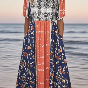 Women Floral Crew Neck Short Sleeve Comfy Casual Maxi Dress, Maxi, color:Red|size:4XL, catalog Noracora shop