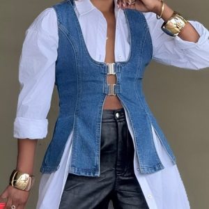 Casual Buckle U-Neck Denim Vest, Vests and Gilets, color:Denim Blue|size:XXL, Stylewe
