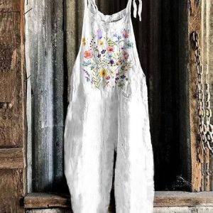 Women Floral Spaghetti Sleeveless Casual Summer Cotton Jumpsuit, JustFashionNow Jumpsuits＆Rompers, color:White|size:3XL,