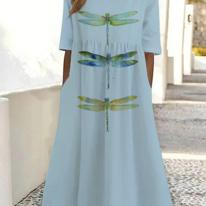 Women Dragonfly Short Sleeve Summer Printing Dress Crew Neck Daily Casual Maxi Shift Dress H-Line Dress, JustFashionNow Casual Dresses, color:Blue|size:4XL,
