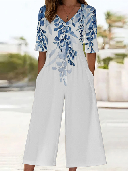 Women Floral V Neck Half Sleeve Casual Summer Jumpsuit, JustFashionNow Jumpsuits&Rompers, color:White|size:4XL,