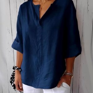 V Neck Long Sleeve Plain Regular Micro-Elasticity Regular Fit Shirt For Women, Shirts, color:Navyblue|size:4XL, catalog Noracora shop