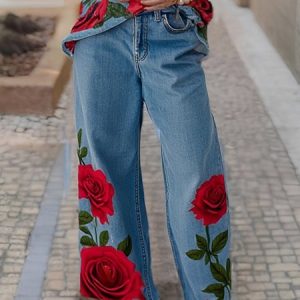 Casual Loose Floral Printing Denim Jeans, Jeans, color:Denim Blue|size:XXL, Stylewe