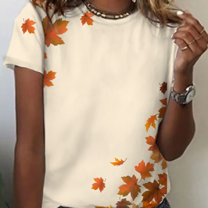 Ladies Maple Leaf Print Cotton T-Shirt, T-shirts, Lilicloth.com