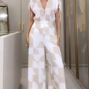 Geometric Print V-Neck Short Sleeve Zipper Jumpsuit, women Two-piece Sets, ChicMe catalog
