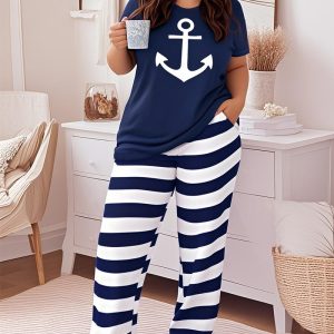 Anchor Print Round Neck Short Sleeve T-shirt and Striped Pajamas Set with Pocket, women Loungewear, ChicMe catalog