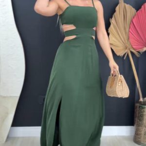 Cutout Waist Tied Back Cami Maxi Dress Casual Elastic Back Waist Slit Vacation Dress, women Maxi Dresses, ChicMe catalog