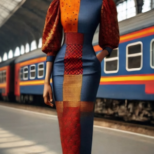 Urban Random Print Puff Sleeve Printing Crew Neck Midi Dress, Midi Dresses, color:As Picture|size:XXL, Stylewe