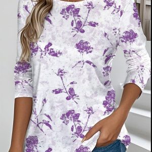 Casual Floral Crew Neck Long Sleeve T-shirt, Shirts, color:Purple|size:XXL, catalog Noracora shop