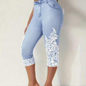 Casual 3D Printing Capris Elastic Waist Pant, Leggings, color:white-blue|size:XXL, catalog Noracora shop