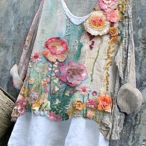 Women Floral Long Sleeve Blouse Spring/Fall Printing V Neck Daily Casual Top, JustFashionNow Blouses, color:As Picture|size:4XL