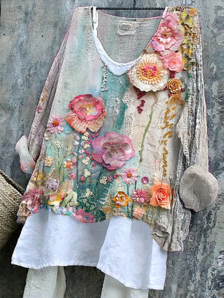 Women Floral Long Sleeve Blouse Spring/Fall Printing V Neck Daily Casual Top, JustFashionNow Blouses, color:As Picture|size:4XL