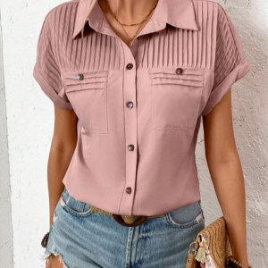 Women Plain Short Sleeve Tee T-shirt Shawl Collar Casual Summer Top, JustFashionNow T-Shirts, color:Pink|size:XXL,