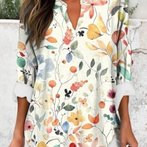 Women Elegant Basic Floral Print Long Sleeve Daily Loose Blouse For Women, Blouses, color:White|size:4XL, catalog Noracora shop