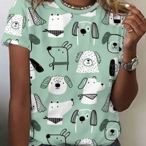 Vintage Cute Animal Dog Print Crew Neck Short Sleeve Comfy T-shirt, T-shirts, color:Green|size:4XL, catalog Noracora shop