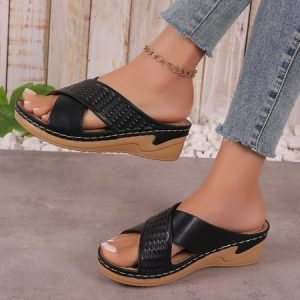 Vintage Plain Breathable Slip On Block Heel Wedge Sandals Hollow Out, Slippers, color:Black|size:43, catalog Noracora shop