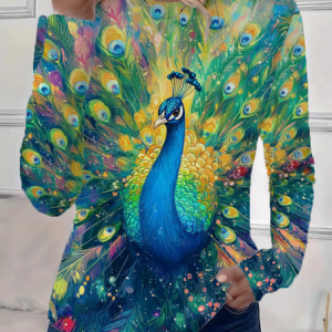 Women Peacock Long Sleeve Tee T-shirt Crew Neck Printing Casual Spring/Fall Graphic Tee Top, JustFashionNow T-Shirts, color:As Picture|size:XXL,