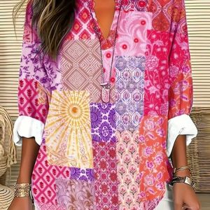 Shawl Collar Half Sleeve Floral Regular Loose Blouse For Women, Blouses, color:Purple|size:4XL, catalog Noracora shop