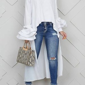 Casual Plain Irregular Craftsmanship Crew Neck Ruffle Sleeve Blouse, Blouses and Shirts, color:White|size:XS, Stylewe