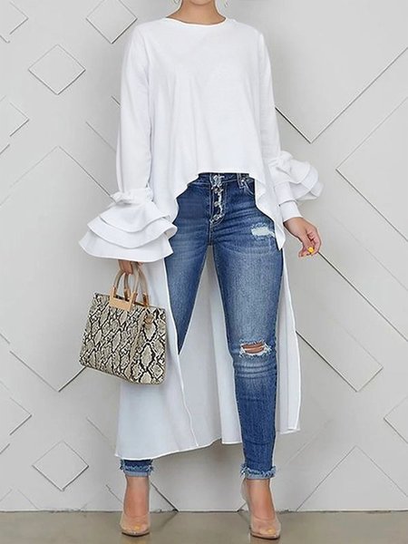 Casual Plain Irregular Craftsmanship Crew Neck Ruffle Sleeve Blouse, Blouses and Shirts, color:White|size:XS, Stylewe