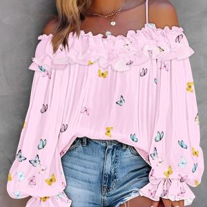 Butterfly Print Off the Shoulder Ruffles Blouse Casual Lantern Sleeve Top, women Blouses & Shirts, ChicMe catalog