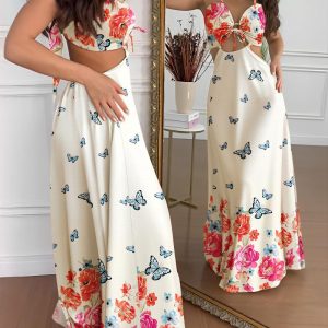 Floral Print Halter Lace Up Maxi Dress Casual Hollow Out A Line Vacation Dress, women Maxi Dresses, ChicMe catalog