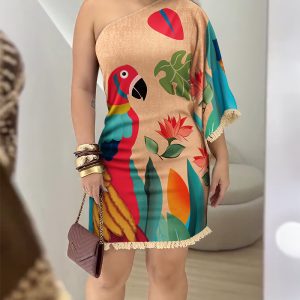 Tropical Animal Print One Shoulder Fringe A Line Dress, women Print Dresses, ChicMe catalog
