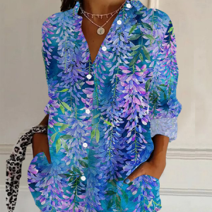 Shirt Collar Long Sleeve Floral Buckle Regular Loose Button Up Shirt Shirt For Women, Shirts, color:Blue Purple|size:5XL, catalog Noracora shop