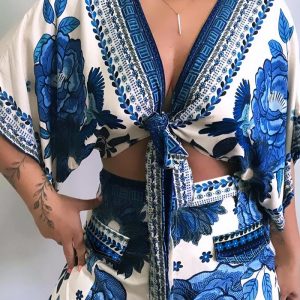 2 Pieces Outfit Floral Print Batwing Sleeve Lace Up Crop Top and Casual Shorts Set, women Two-piece Sets, ChicMe catalog